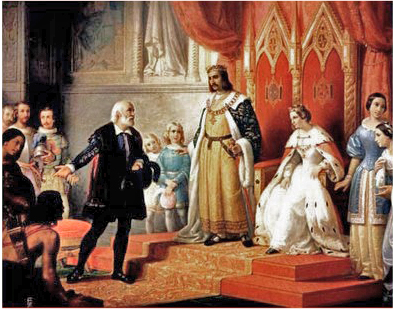 Cristóbal Colón al regresar de América es recibido por los Reyes